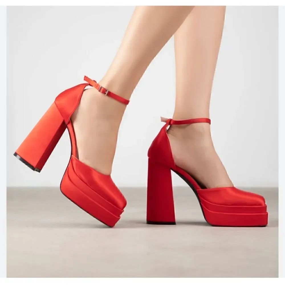 AMIUWEN Red Block Chunk Ankle Strap Platform Heels-closed toe sandal
